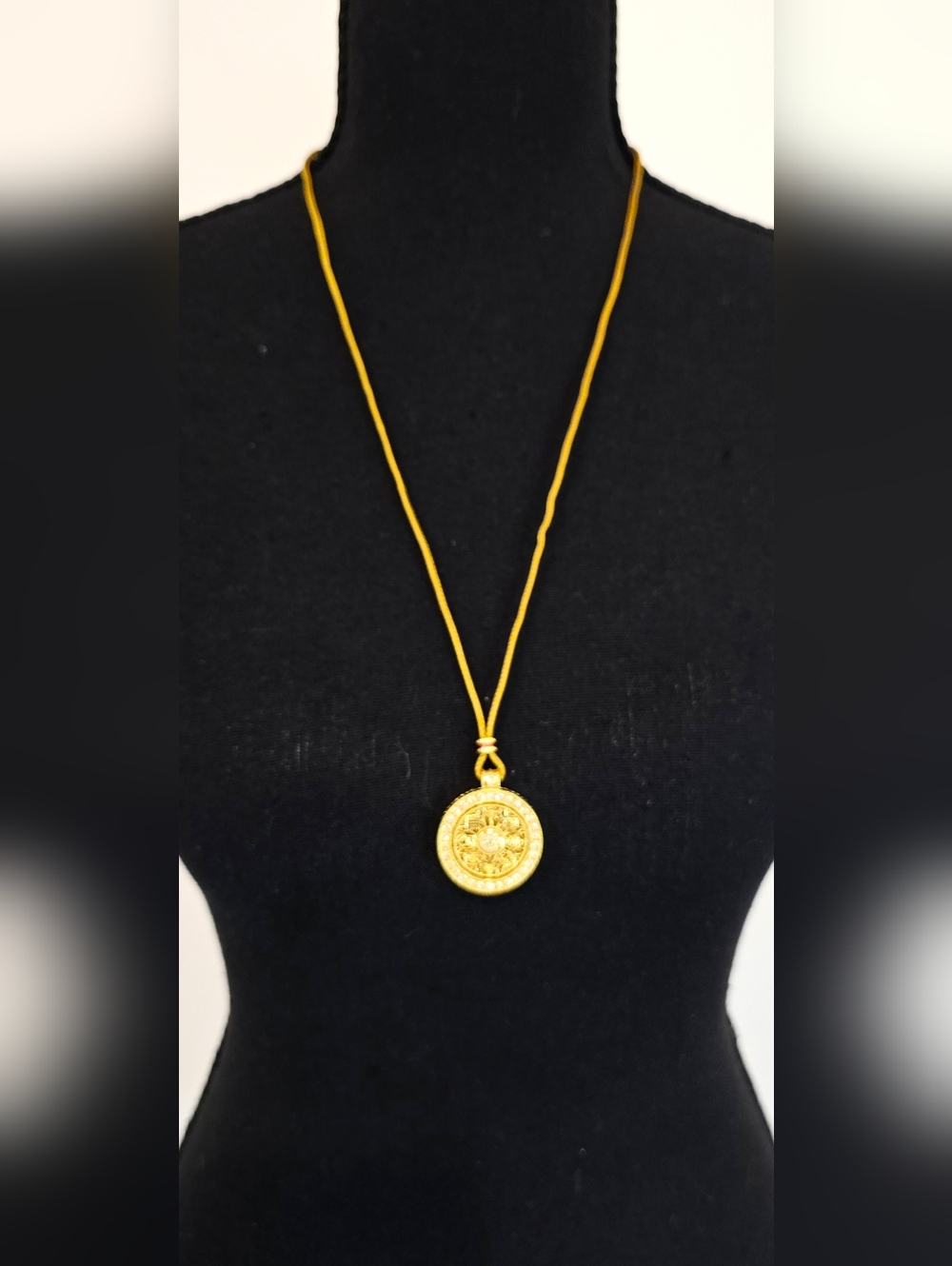 Gold Medallion Pendant Necklace Adjustable Cord Boho Vintage Statement